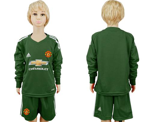 Manchester United Blank Green Goalkeeper Long Sleeves Kid Soccer Club Jersey - Click Image to Close
